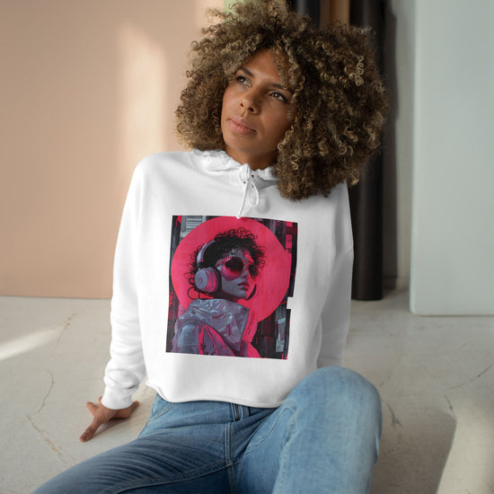 Retro Neon Afro Portrait Crop Hoodie — Vibrant Streetwear Festival Crop