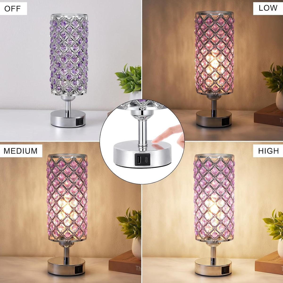 Stunning Purple Crystal Table Lamp with USB Charging - 3-Way Dimmable Touch Control for Stylish Home Decor