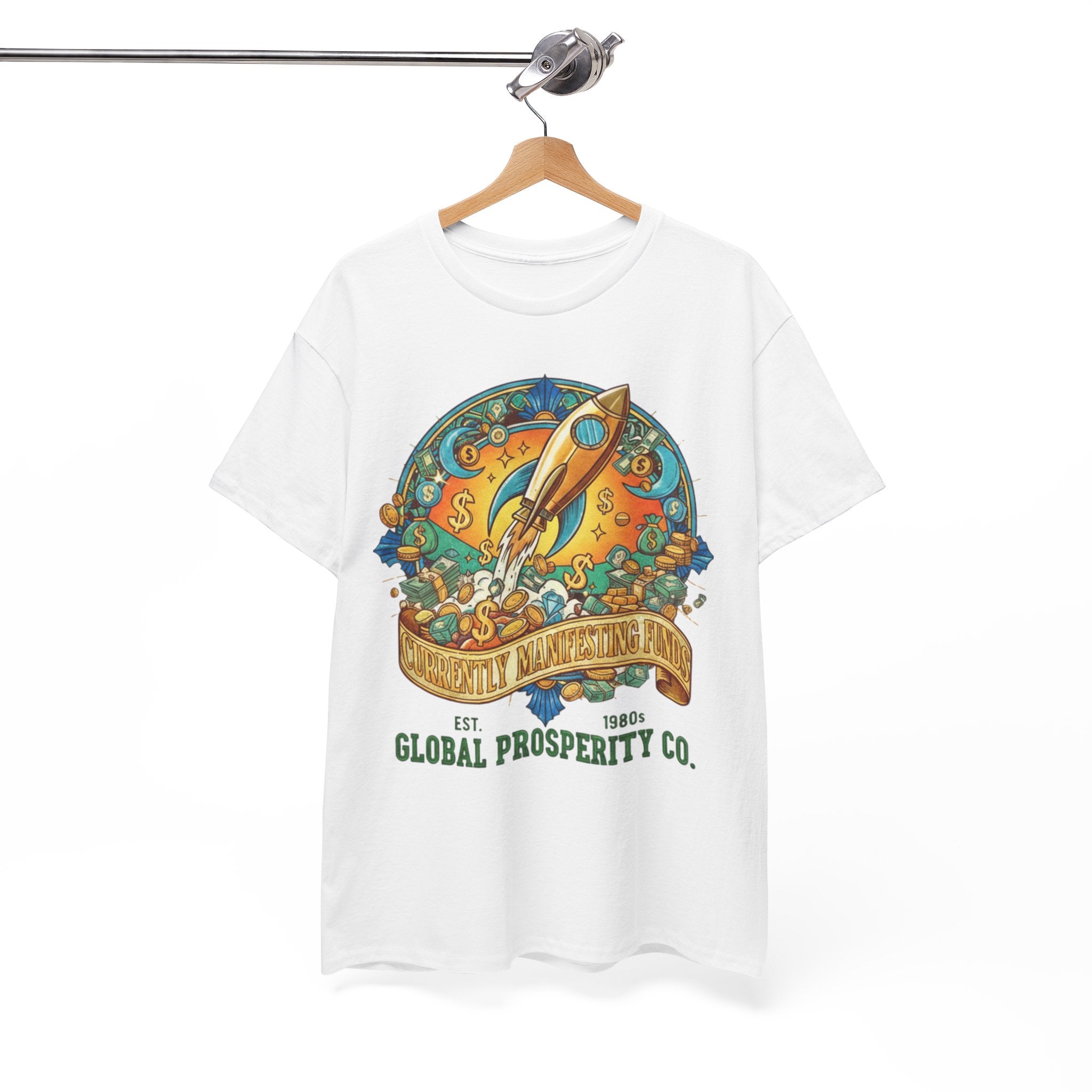 Prosperity Rocket T-Shirt - "Currently Manifesting Funds" — Global Prosperity Co. Vintage Space Graphic Tee