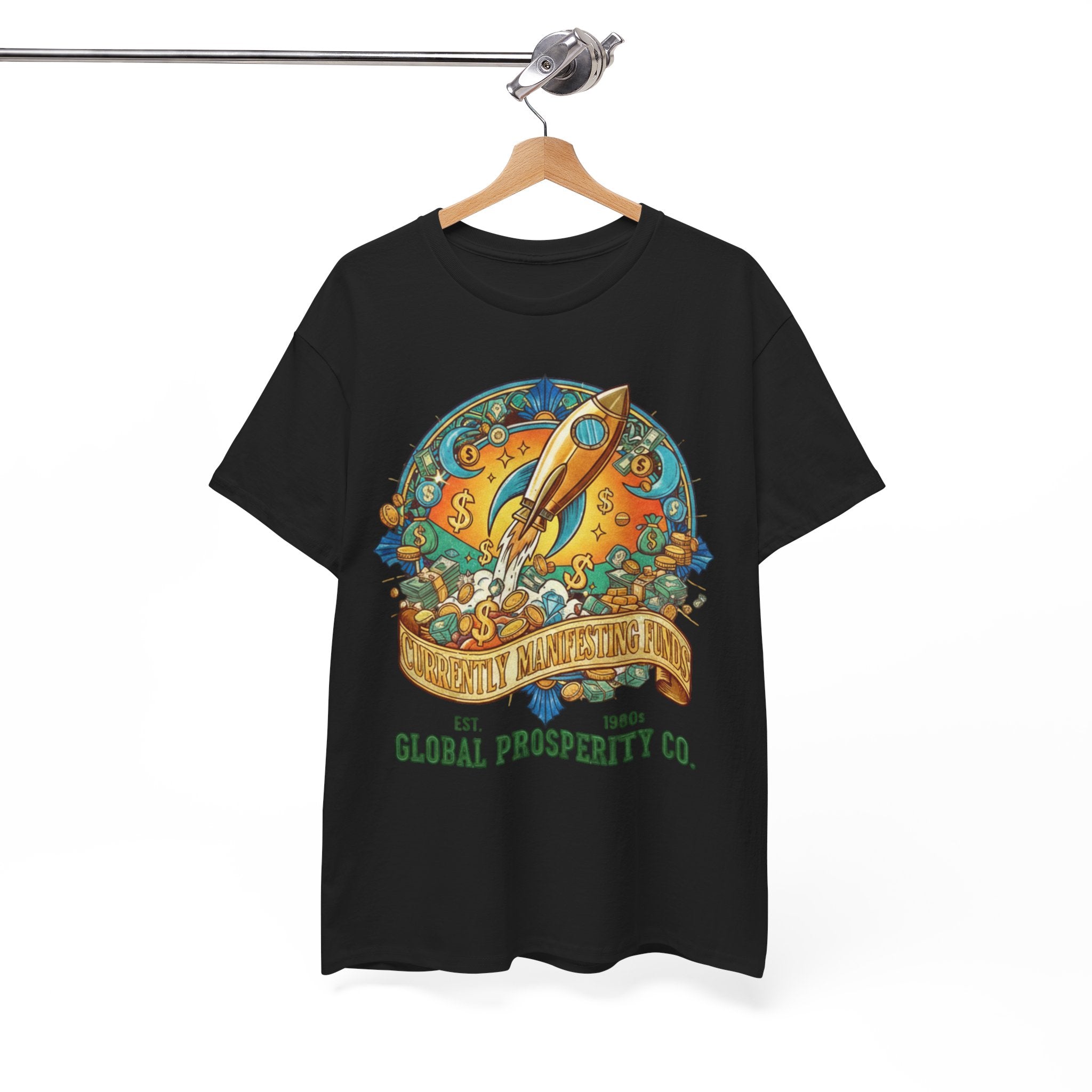 Prosperity Rocket T-Shirt - "Currently Manifesting Funds" — Global Prosperity Co. Vintage Space Graphic Tee