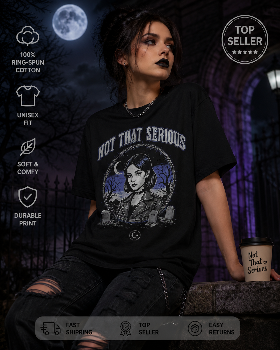Not That Serious Tee — Gothic Girl Graveyard Metro Style Graphic T-Shirt