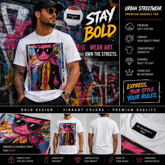 Pink Panther Street Art T-Shirt — Retro Graffiti Cat in Suit
