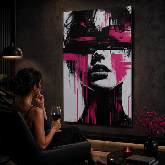 Abstract Pink Portrait Canvas Wall Art — Modern Hand Painted Drip Face Painting