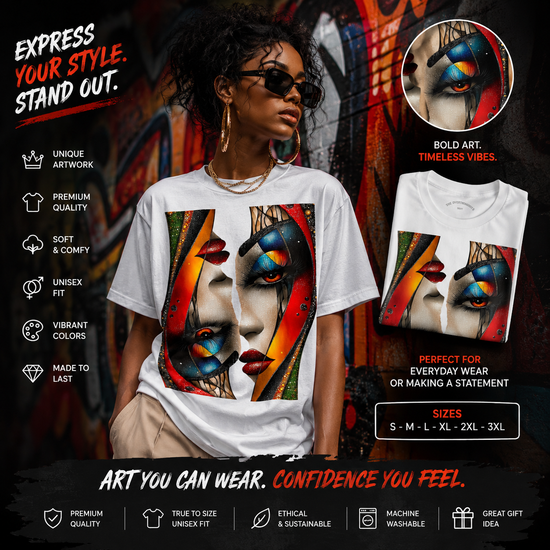 Abstract Colorful Face Art T-Shirt — Surreal Mirror Portrait Tee
