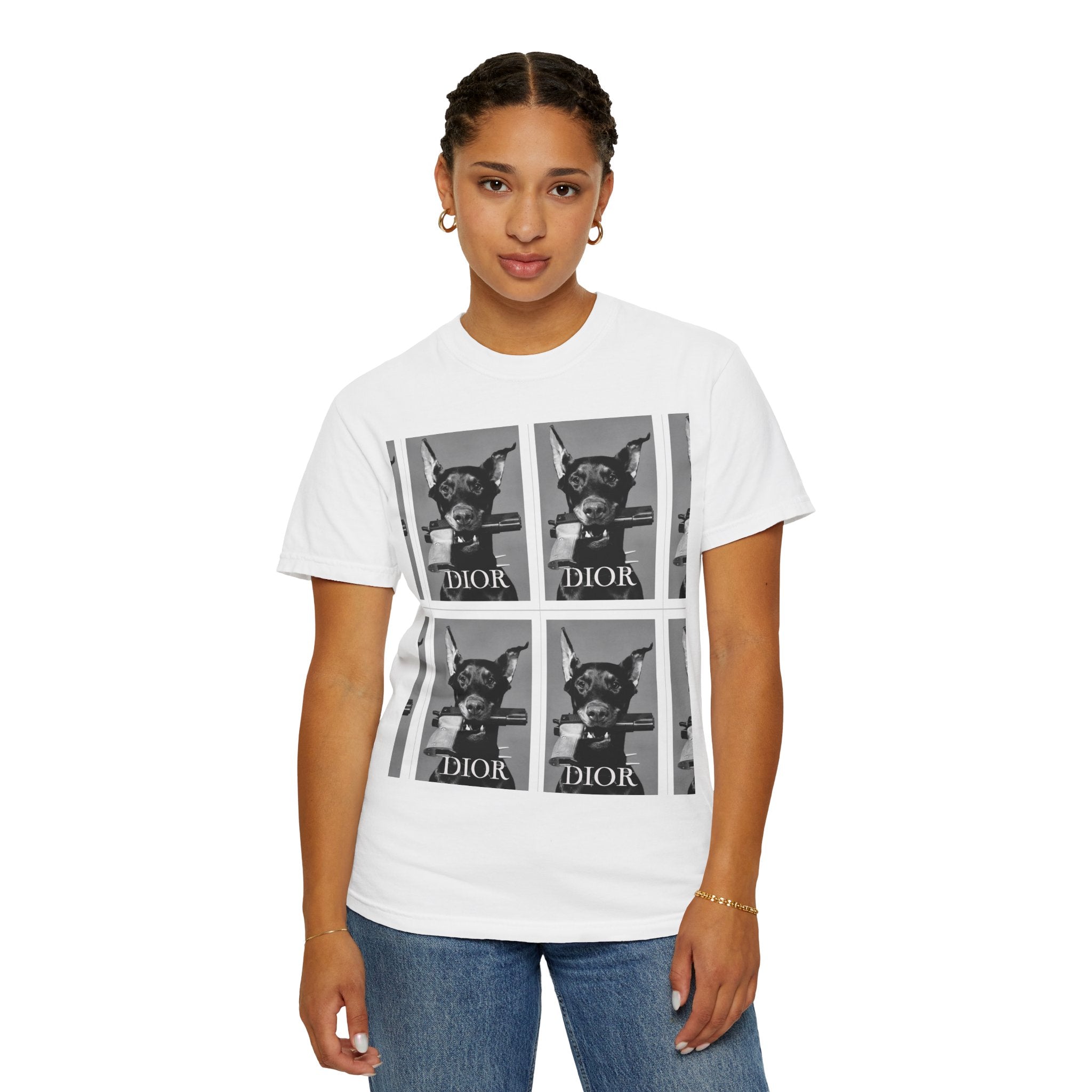 Graphic T-Shirt — Vintage Pop Art Dog Grid (DIOR Style)