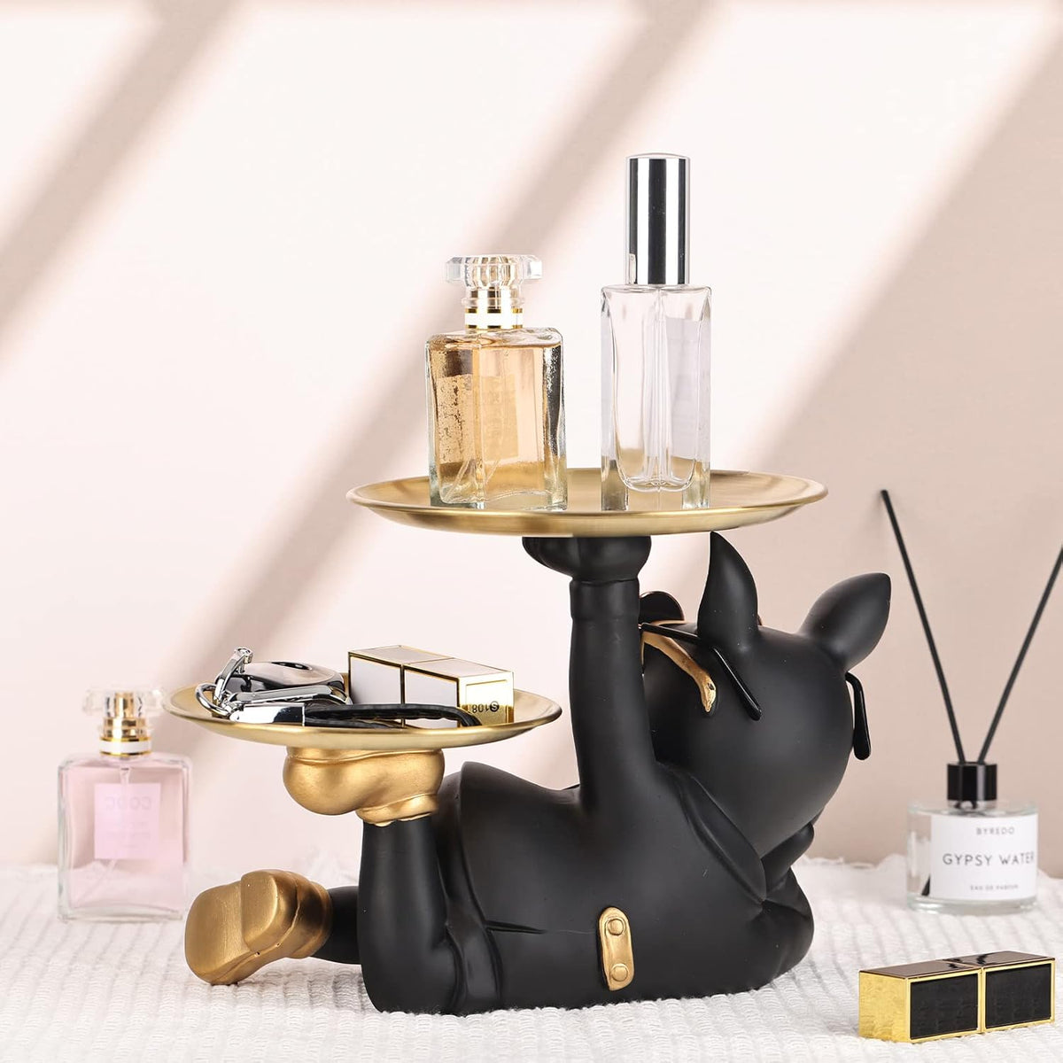 Bulldog Tray Statue For Keys-Wallet displayed with perfume and accessories on its trays.
