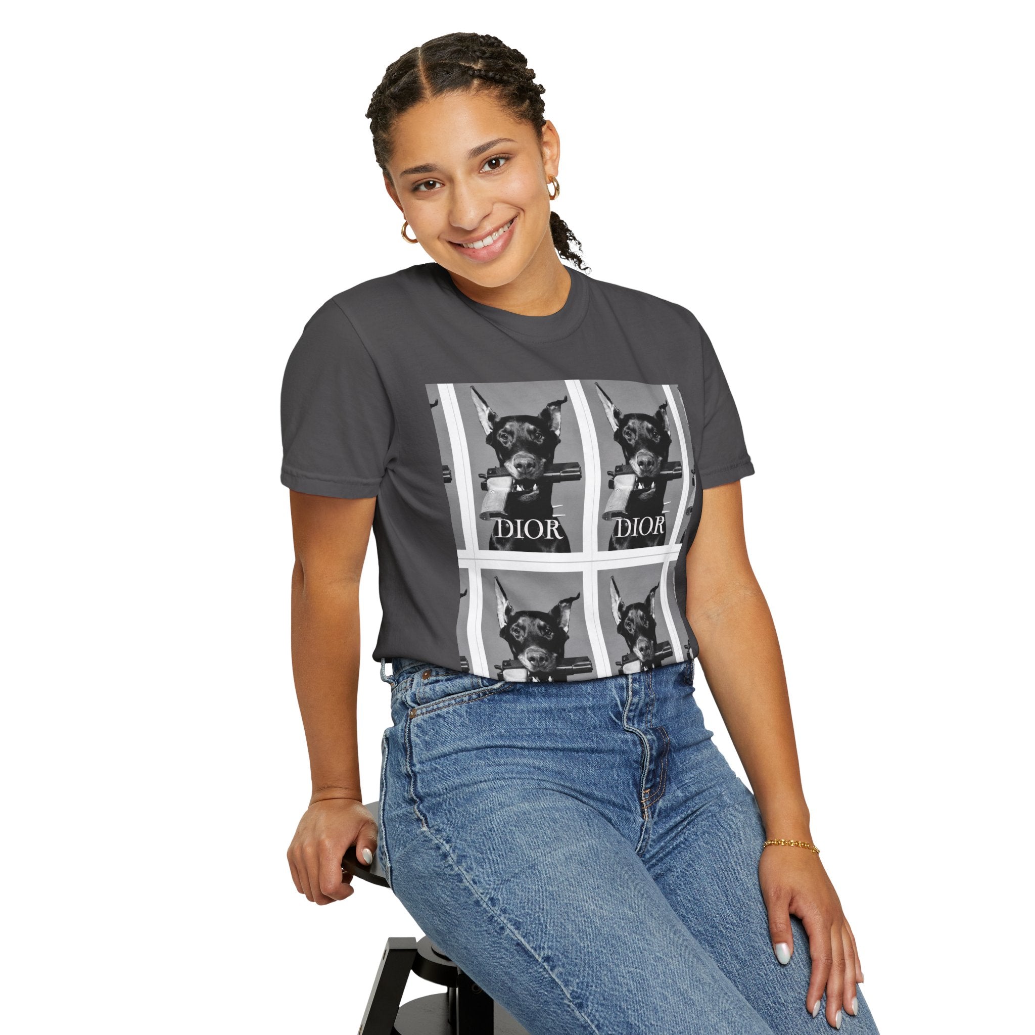 Graphic T-Shirt — Vintage Pop Art Dog Grid (DIOR Style)