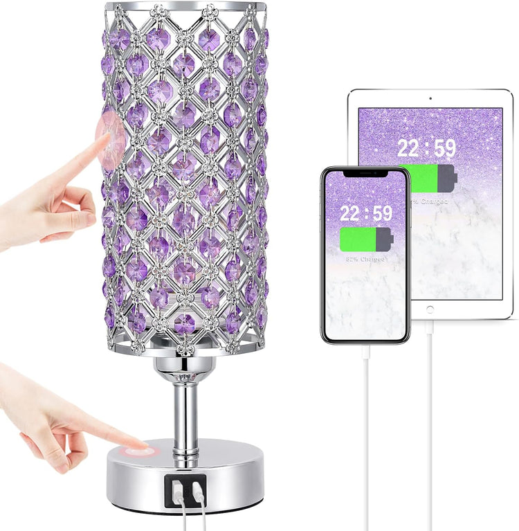 Stunning Purple Crystal Table Lamp with USB Charging - 3-Way Dimmable Touch Control for Stylish Home Decor
