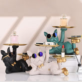 Bulldog Tray Statue For Keys-Wallet displayed with perfume and accessories on its trays.
