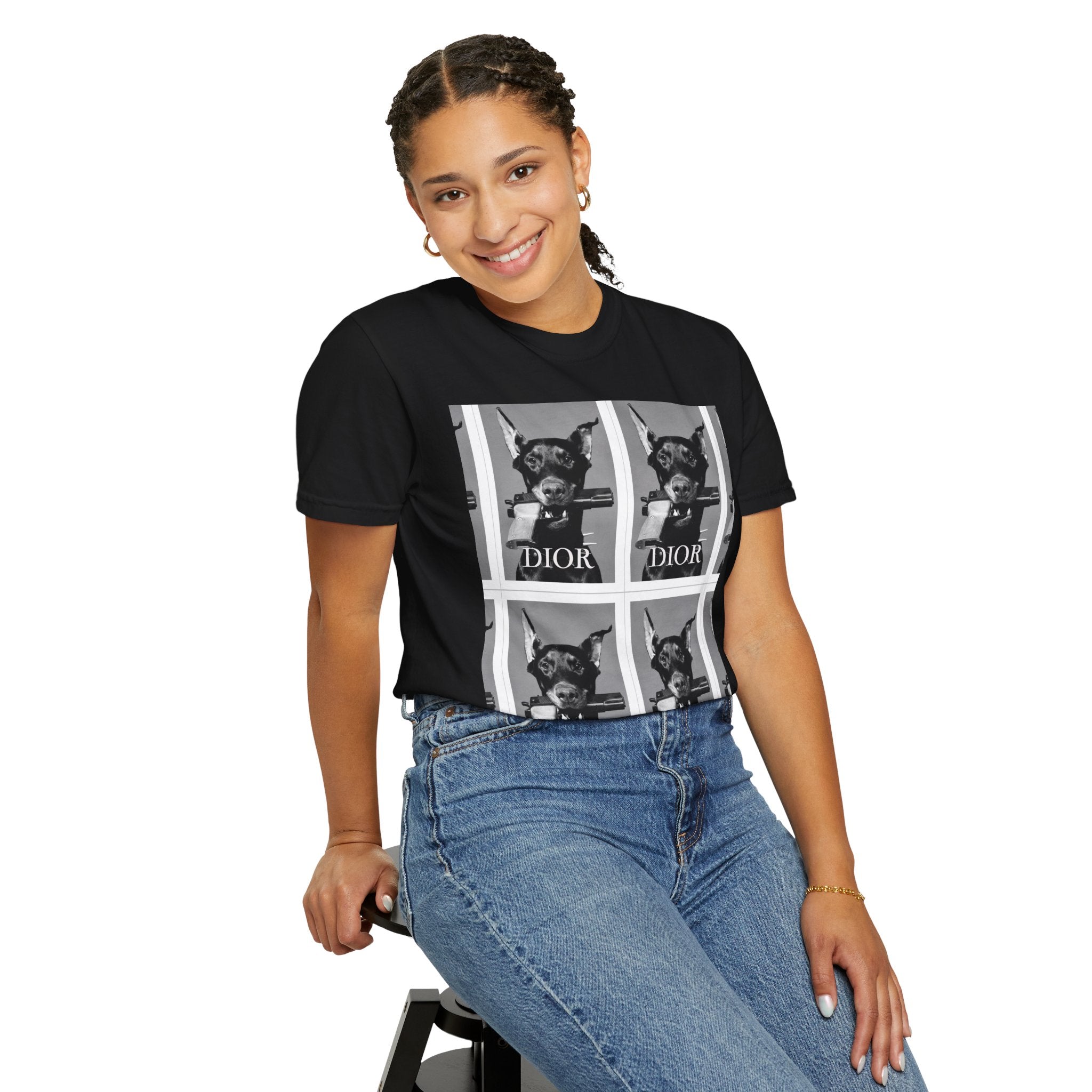 Graphic T-Shirt — Vintage Pop Art Dog Grid (DIOR Style)