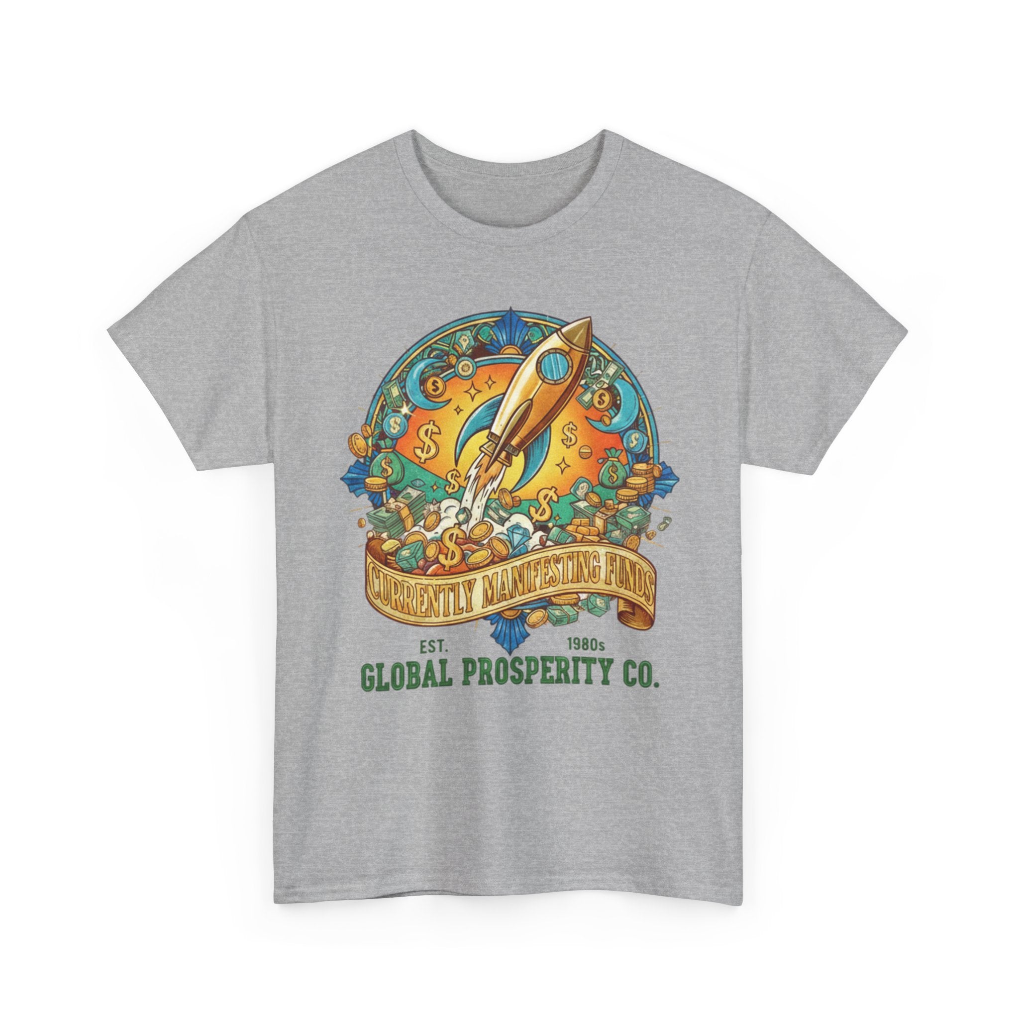Prosperity Rocket T-Shirt - "Currently Manifesting Funds" — Global Prosperity Co. Vintage Space Graphic Tee