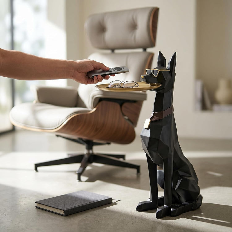 Geometric Dog Butler Accent Table with Tray, Decorative Animal Side Table, Modern Dog Statue for Living Room & Home Decor