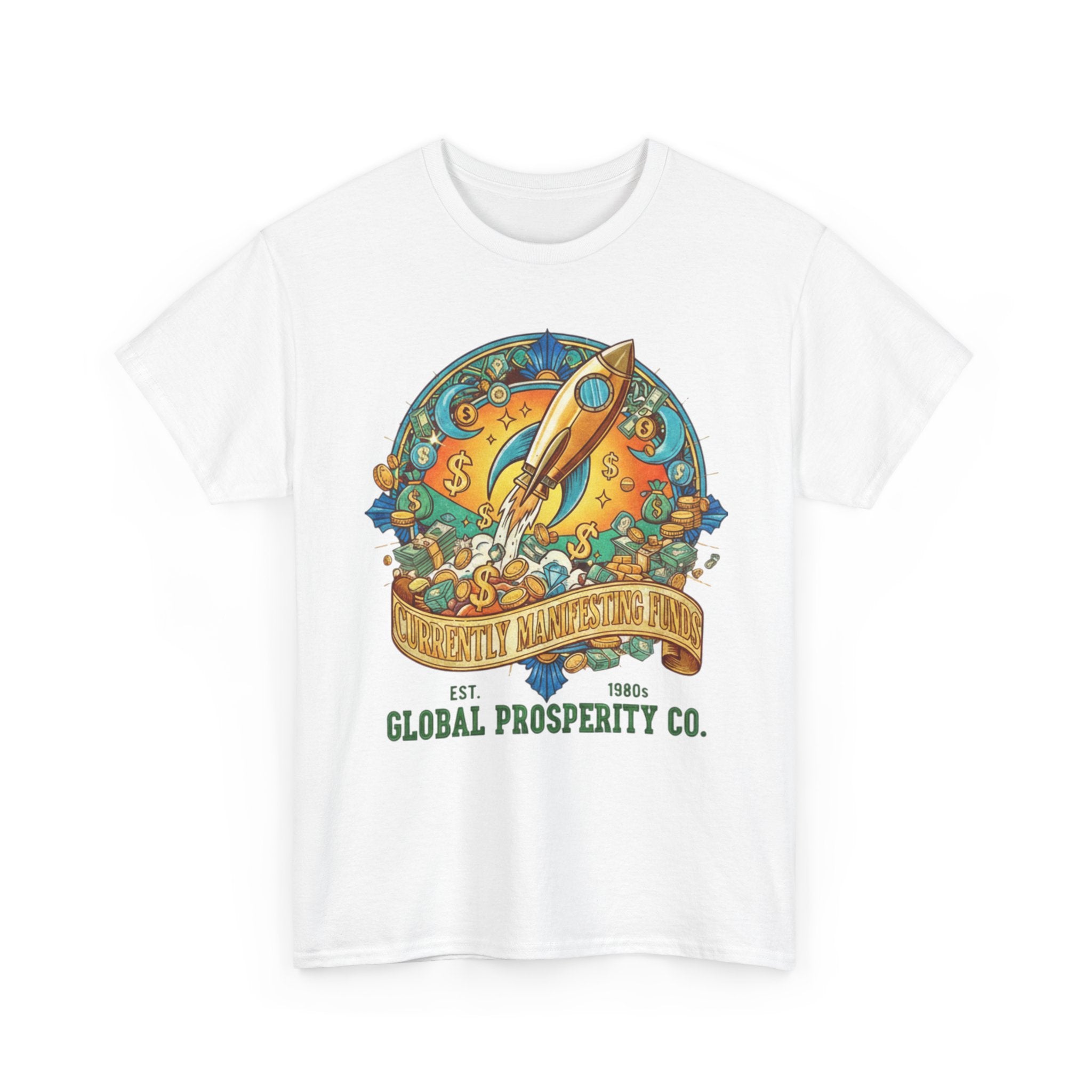 Prosperity Rocket T-Shirt - "Currently Manifesting Funds" — Global Prosperity Co. Vintage Space Graphic Tee
