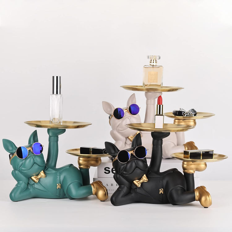Bulldog Tray Statue For Keys-Wallet displayed with perfume and accessories on its trays.