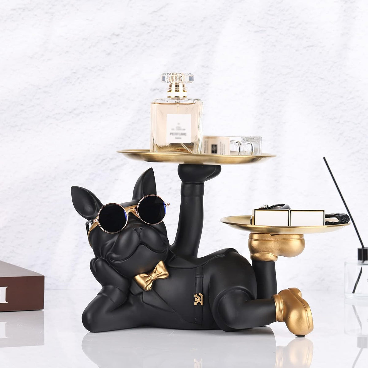 Bulldog Tray Statue For Keys-Wallet displayed with perfume and accessories on its trays.