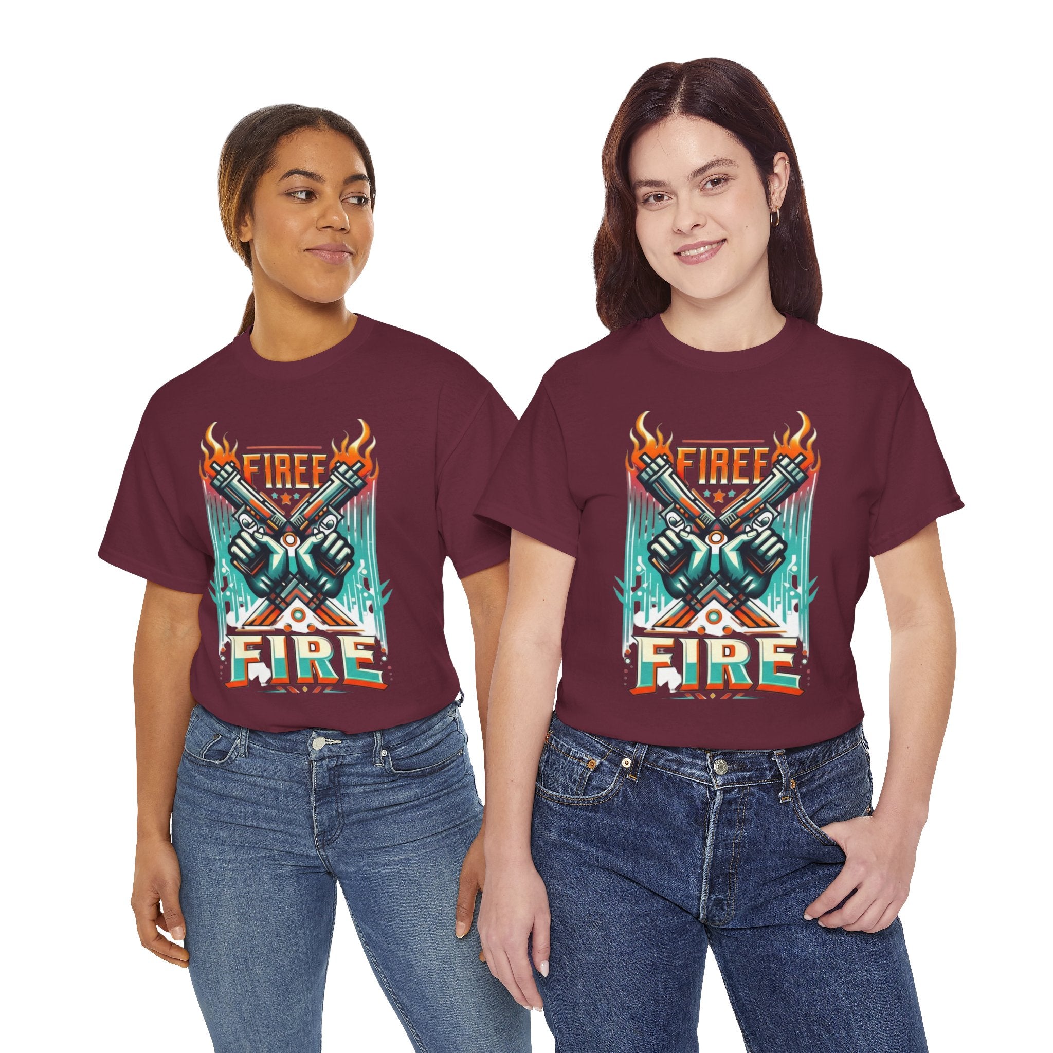 Fire Fire Graphic Tee — Retro Dual Pistols Illustration