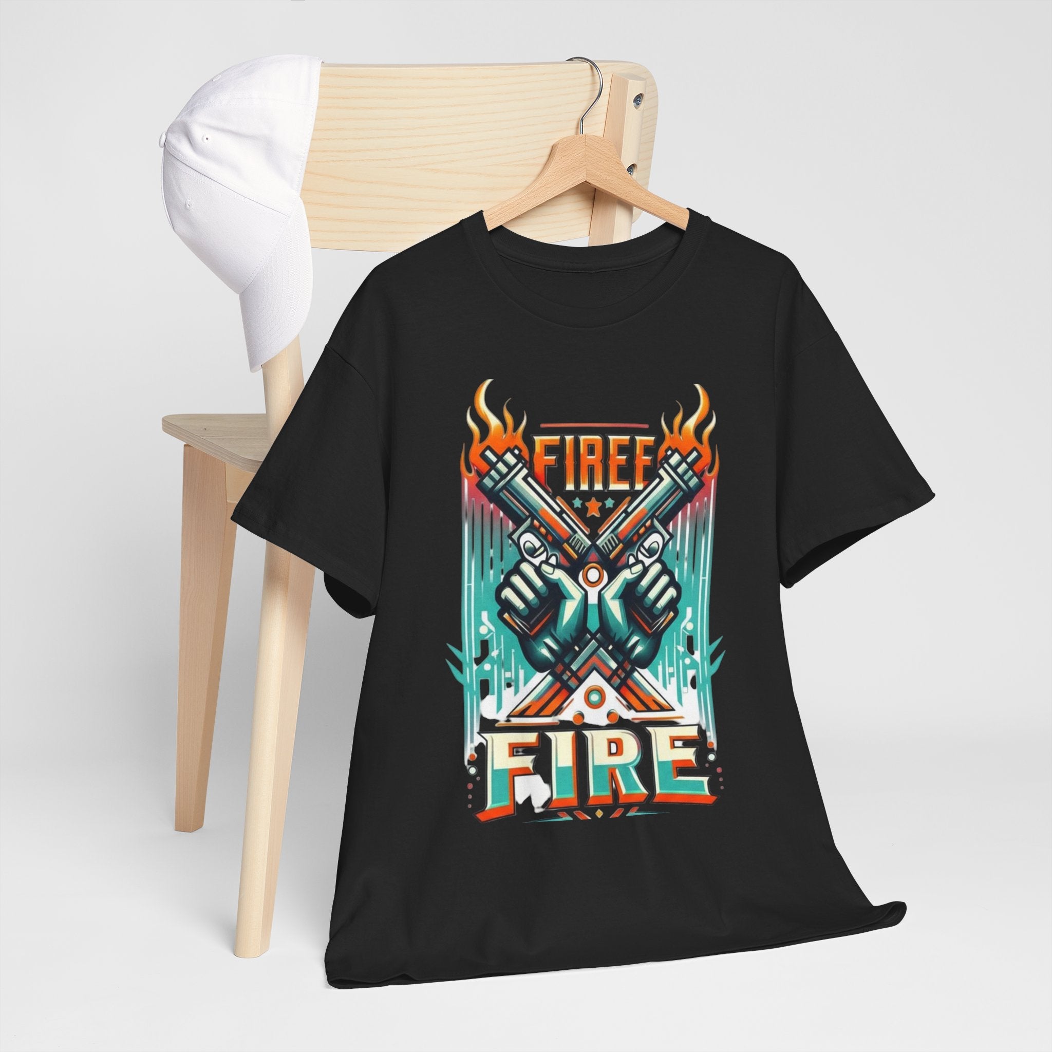 Fire Fire Graphic Tee — Retro Dual Pistols Illustration
