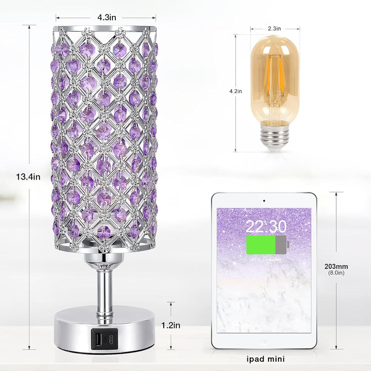 Stunning Purple Crystal Table Lamp with USB Charging - 3-Way Dimmable Touch Control for Stylish Home Decor