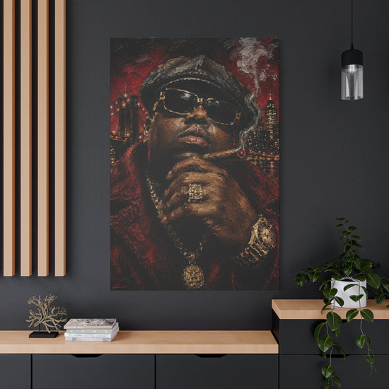Hand Crafted Urban Night Portrait Matte Canvas — Rapper Biggie Portrait, NYC Skyline