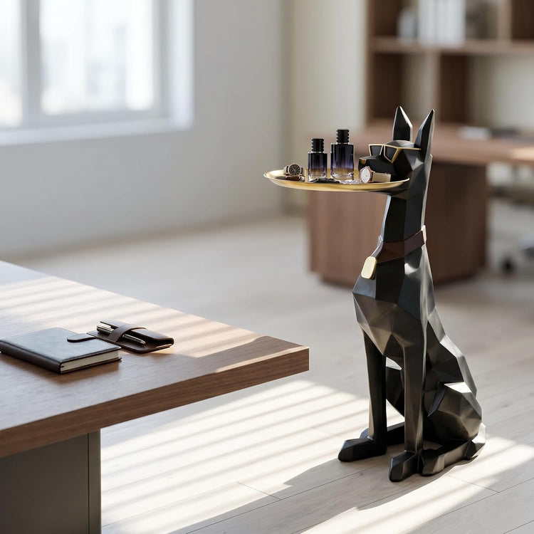 Geometric Dog Butler Accent Table with Tray, Decorative Animal Side Table, Modern Dog Statue for Living Room & Home Decor