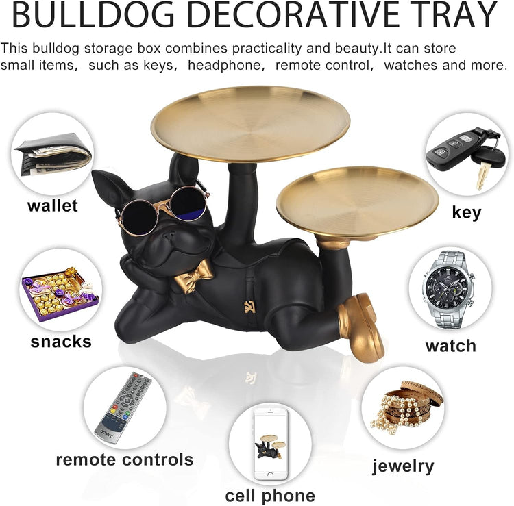 Bulldog Tray Statue For Keys-Wallet displayed with perfume and accessories on its trays.