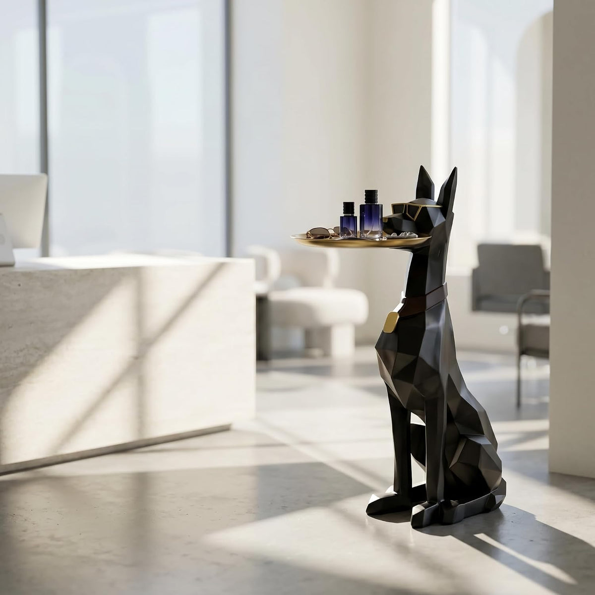 Geometric Dog Butler Accent Table with Tray, Decorative Animal Side Table, Modern Dog Statue for Living Room & Home Decor
