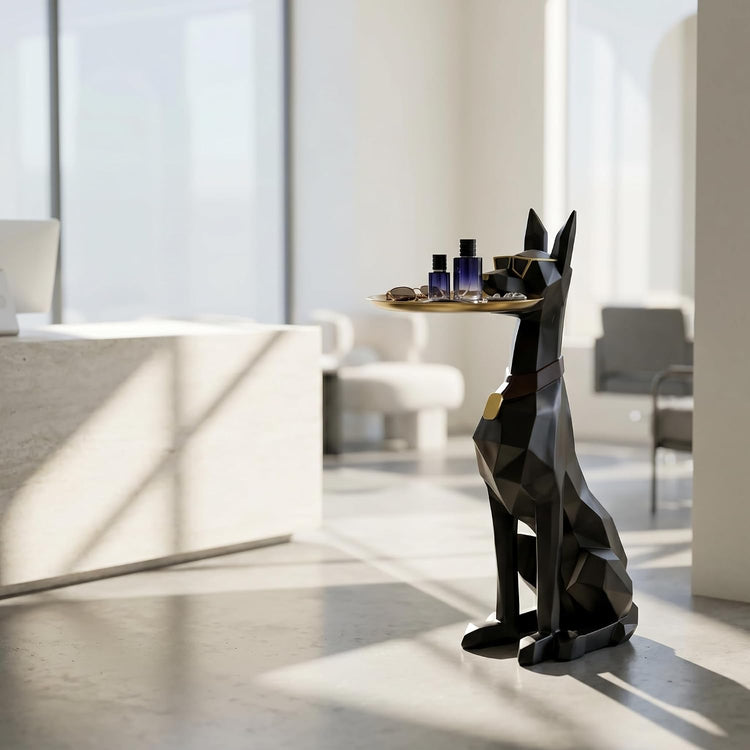 Geometric Dog Butler Accent Table with Tray, Decorative Animal Side Table, Modern Dog Statue for Living Room & Home Decor