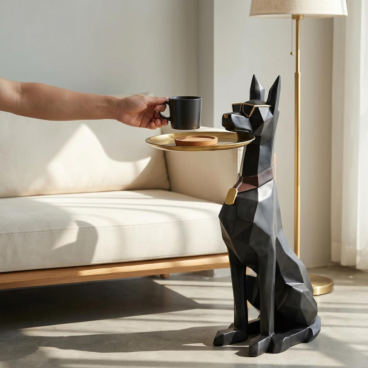 Geometric Dog Butler Accent Table with Tray, Decorative Animal Side Table, Modern Dog Statue for Living Room & Home Decor
